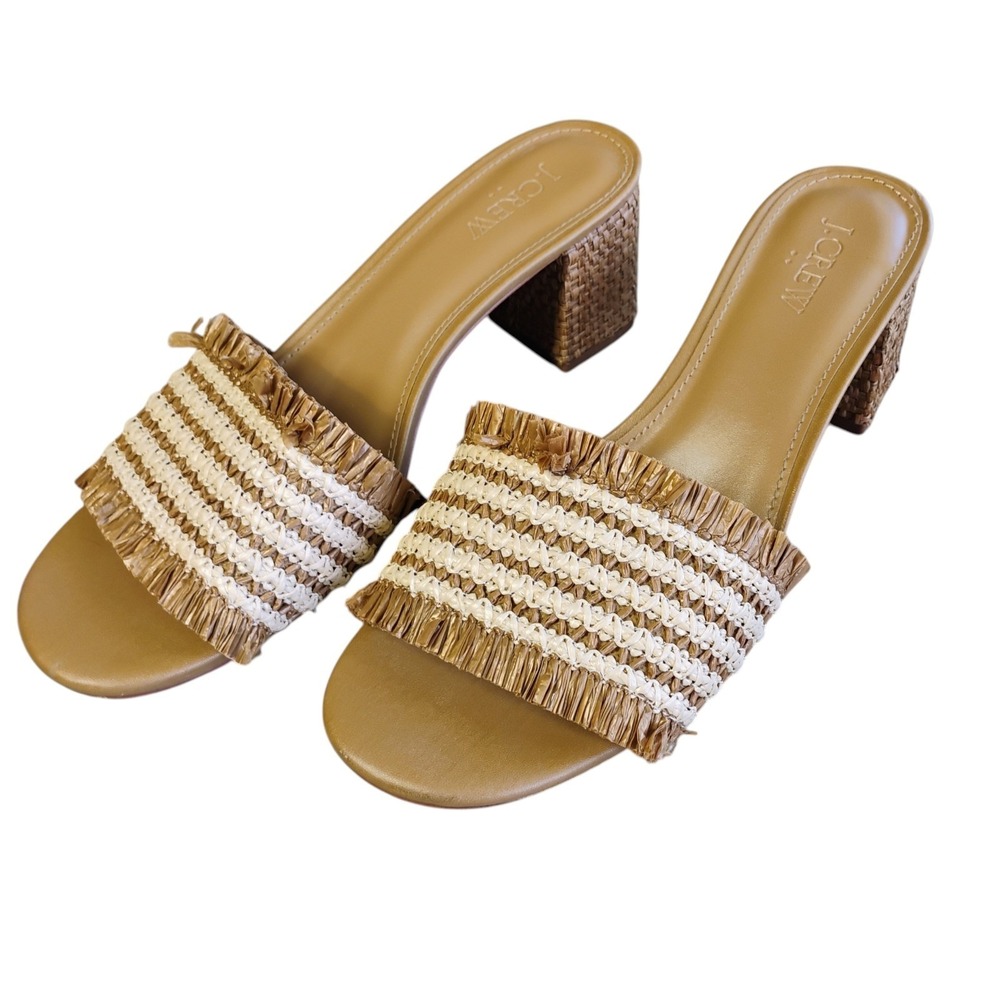 J Crew Block Heel Raffia Sandals Womens 8.5 Beige Cream Beachy Coastal Vacation